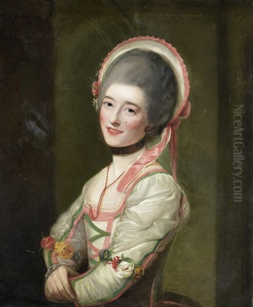 Portrait Of La Signora (anna) Zamperini In The Character Of Cecchina In La Buona Figliuola, Three-quarter Length, In A White And Pink Dress And Bonnet Oil Painting by Nathaniel Hone