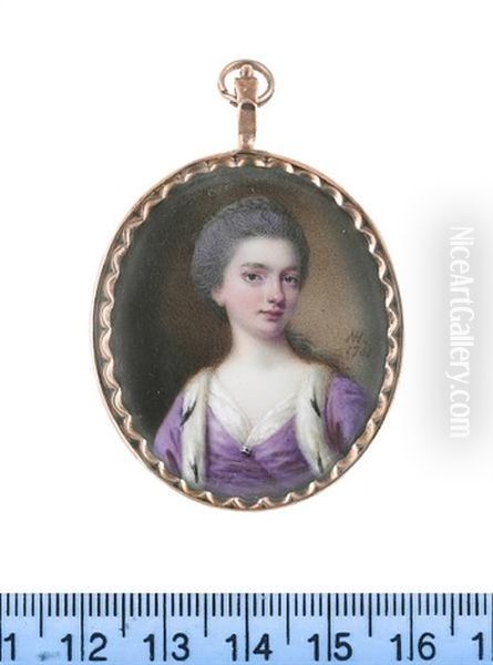 A Lady, Wearing Mauve Dress And Mauve Ermine Trimmed Robe, White Chemise, A Silver Brooch At Her Corsage, Her Powdered Hair Upswept And Braided Oil Painting by Nathaniel Hone