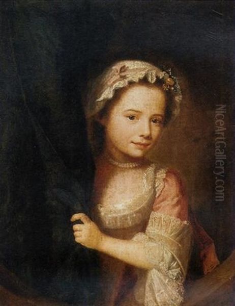 Portrait Of A Young Girl In A Pink Dress, A White Lace Cap And A Pearl Necklace, Peering From Behind A Green Curtain Oil Painting by Nathaniel Hone the Elder
