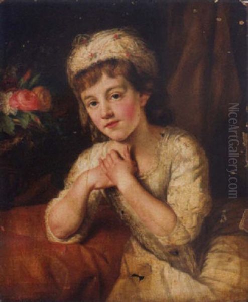 Portrait Of A Girl In A White Dress And White Headdress Decorated With Flowers, Roses In An Urn Beyond Oil Painting by Nathaniel Hone