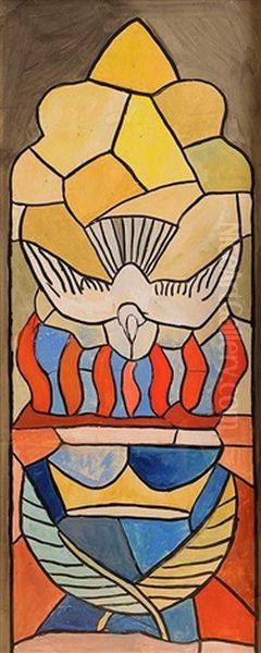 Doves With Tongues (design For Stained Glass) Oil Painting by Evie Sydney Hone