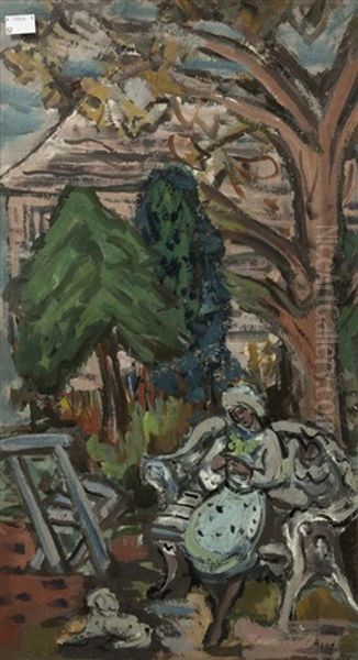 Spring Day, Garden Scene Depicting A Lady Seated On A Cast Iron Garden Bench With Dog At Her Feet Oil Painting by Evie Sydney Hone