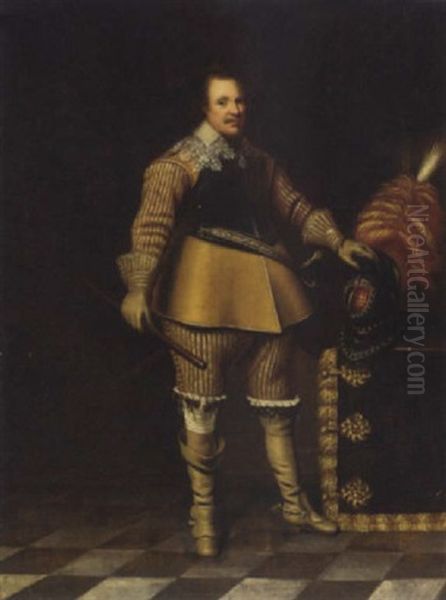 Portrait Of A Cavalier, His Left Hand On A Plumed Helmet Oil Painting by Gerrit Van Honthorst
