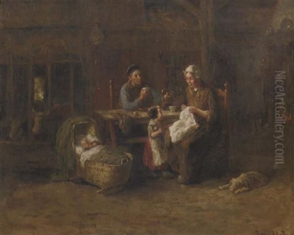 Teatime In A Kitchen Stable Oil Painting by Bernard de Hoog
