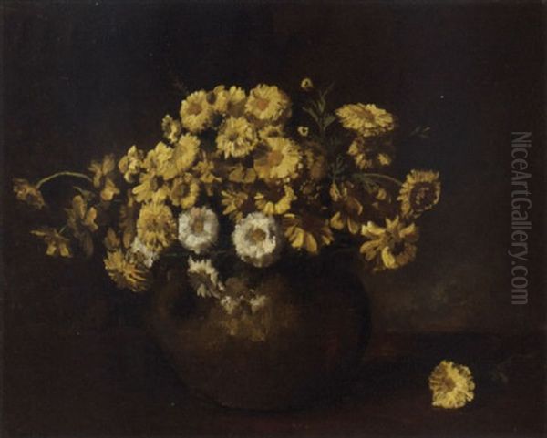 Yellow And White Chrysanthemums Oil Painting by Bernard de Hoog
