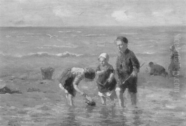 Children At The Seashore Oil Painting by Bernard Johann De Hoog