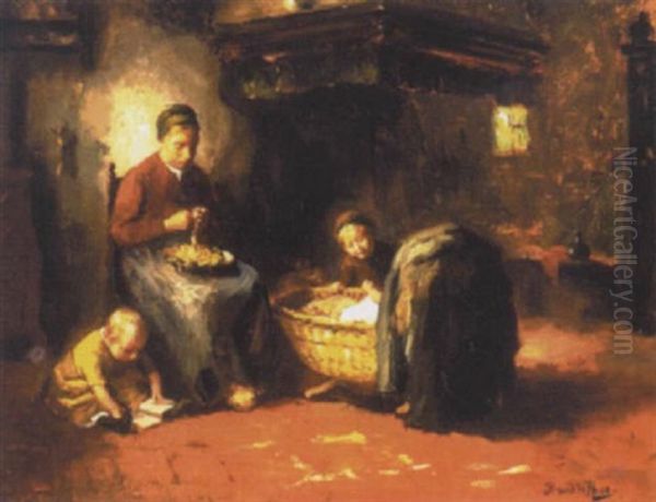 Peeling Potatoes Oil Painting by Bernard Johann De Hoog