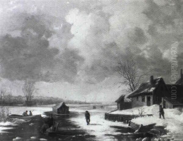 Winterlandschaft Mit Bauernhaus Und Figurlicher Staffage Oil Painting by Johannes Franciscus Hoppenbrouwers