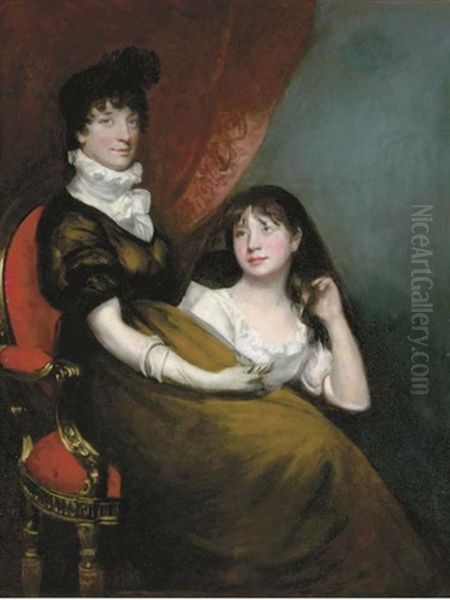 Portrait Of A Lady, Seated Three-quarter Length And Her Daughter, Before A Red Drape Oil Painting by Sir John Hoppner