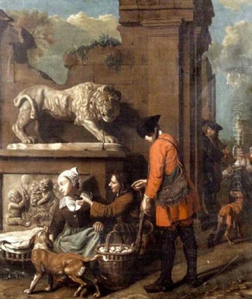 Two Soldiers Proffering A Gift To A Young Woman Oil Painting by Jan Josef Horemans the Elder