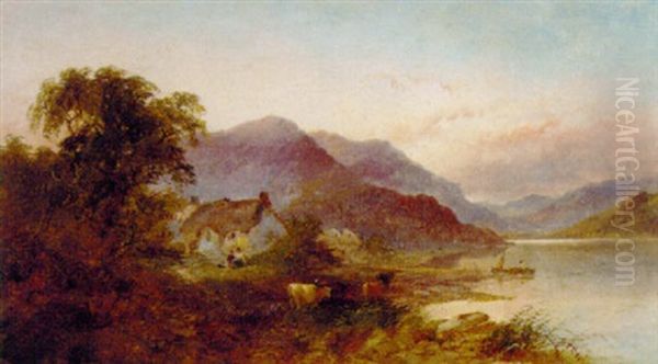 Cattle Watering Before A Cottage In A Mountainous Landscape Oil Painting by Joseph Horlor