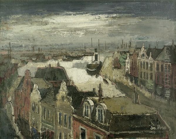 Lubecker Hafen (+ Another Drawing; 2 Works) Oil Painting by Josef Horn