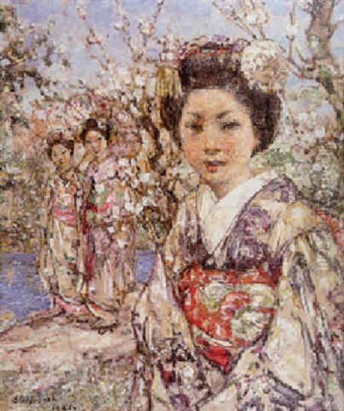 Japanese Girls By A Lake Oil Painting by Edward Atkinson Hornel