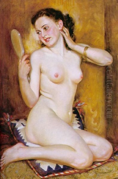 Knieder Weiblicher Akt In Reizvoller Pose Oil Painting by Frantisek Hornik-Lansky