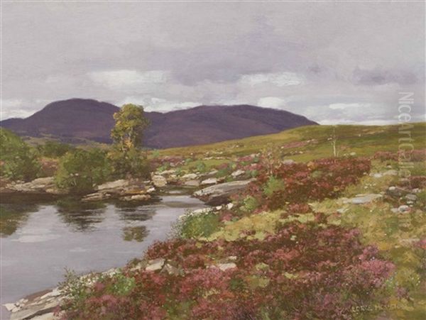 Heather By A Mountain Loch Oil Painting by George Houston