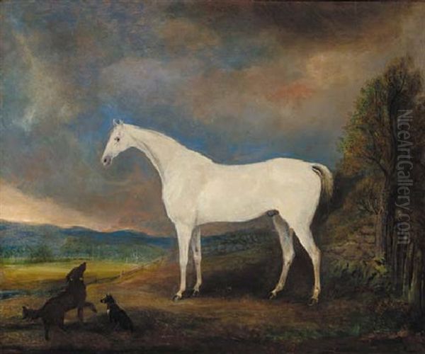 A Grey Horse With A Spaniel And A Terrier, In An Extensive Mountainous Landscape Oil Painting by James (of Skirling) Howe
