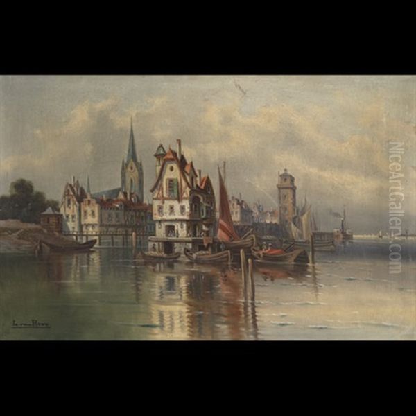 A Dutch Harbour Oil Painting by L. van Howe