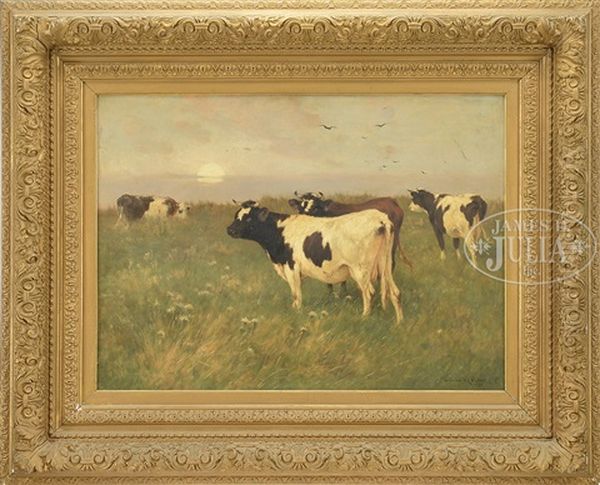 Cows Grazing Under Low Sun Oil Painting by William Henry Howe