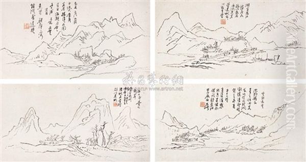 Landscape (4 Works) Oil Painting by Huang Binhong