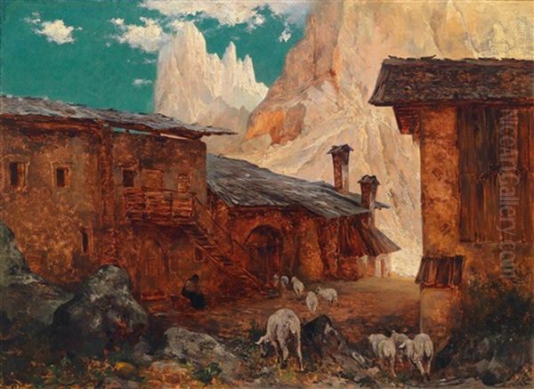 Dorfstrase In Den Bergen Oil Painting by Carl Rudolph Huber