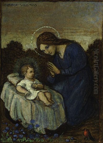 Muttergottes Mit Jesuskind Und Rotkehlchen Vor Bluhenden Blumen Oil Painting by Hans Huber-Sulzemoos