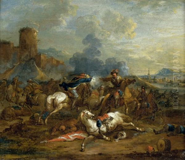 Zwei Reitergefechte Aus Dem Turkenkrieg (2 Works) Oil Painting by Jan van Huchtenburg