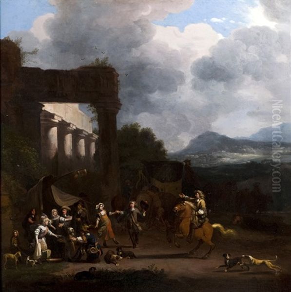 An Elegant Company Making Merry Near Classical Ruins Oil Painting by Jan van Huchtenburg