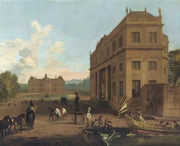 Chateau Vaux-le-vicomte, Near Paris With Elegant Company Oil Painting by Jan van Huchtenburg