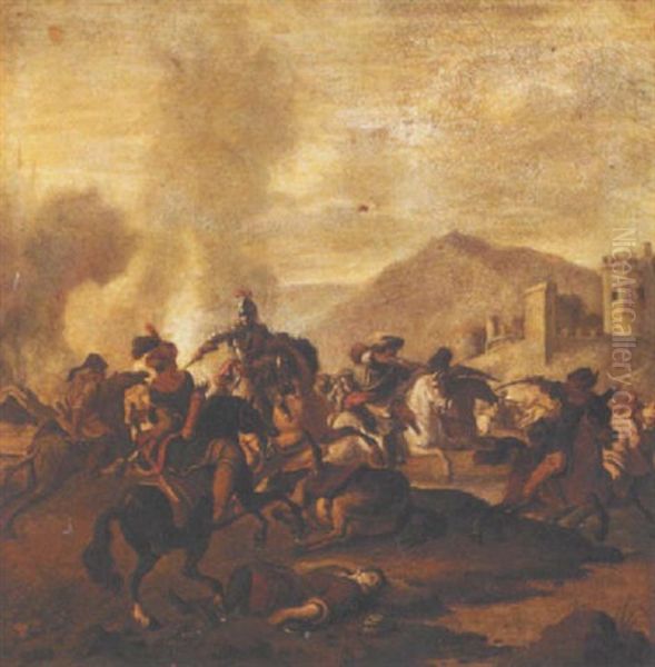 A Cavalry Engagement, Between Turks And Christians, Before A Fortified Town Oil Painting by Jan van Huchtenburg