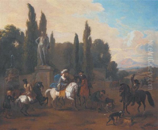 An Italianate Landscape With A Hunting Company At Rest By A Fountain Oil Painting by Jan van Huchtenburg