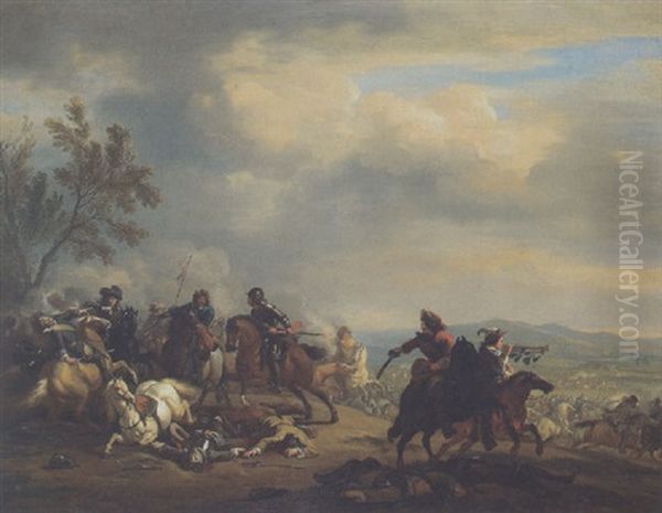 Reitergefecht In Einer Weiten Landschaft Oil Painting by Jan van Huchtenburg