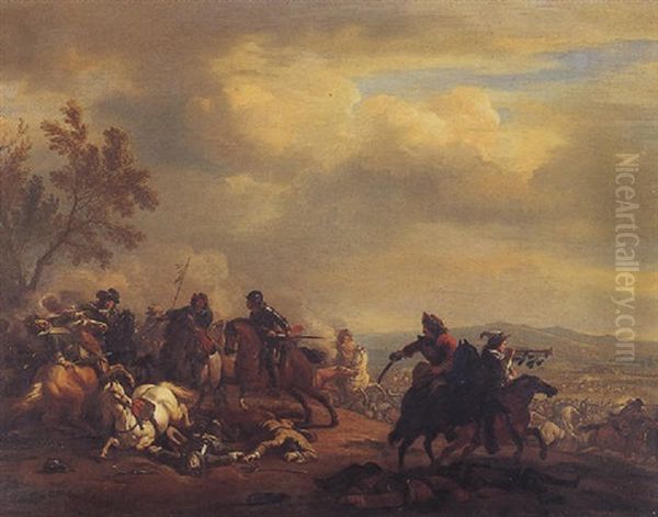 A Military Skirmish Oil Painting by Jan van Huchtenburg