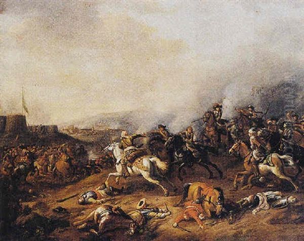 A Cavalry Battle Between Turks And Christians, (the Battle At Vienna Of 1683?) Oil Painting by or Huchtenburgh, Jan van Huchtenberg