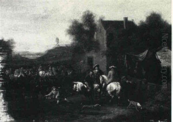 Cavalry Outside A Tavern Oil Painting by or Huchtenburgh, Jan van Huchtenberg