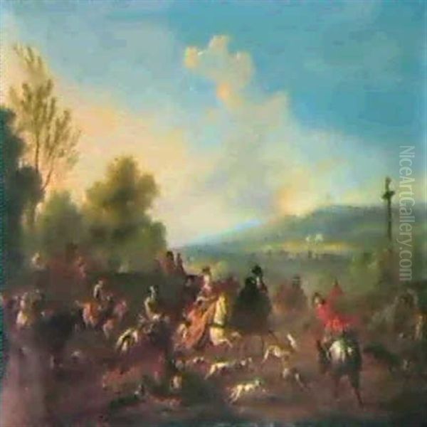 A Hunting Party In An Italianate Landscape. Oil Painting by Jan van Huchtenburg