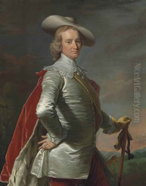 Portrait Of A Gentleman, Three-quarter-length, In Van Dyck Costume, His Left Hand Resting On A Stick, In A Landscape Oil Painting by Thomas Hudson