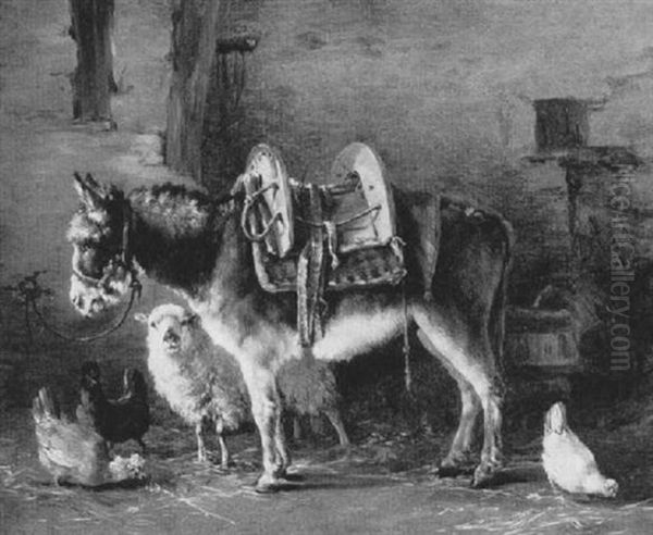 Barn Interior With A Donkey And Other Animals Oil Painting by Francois Huet