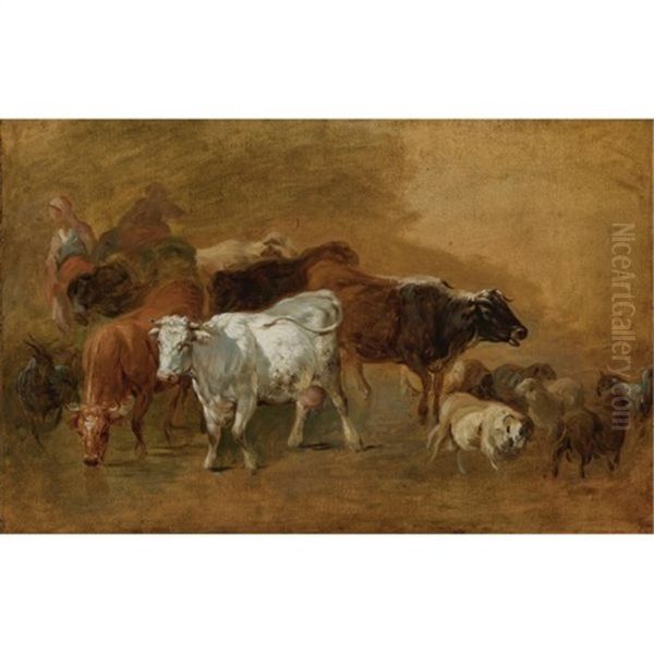 Cattle And Sheep Driven By Peasants Oil Painting by Jean Baptiste Huet