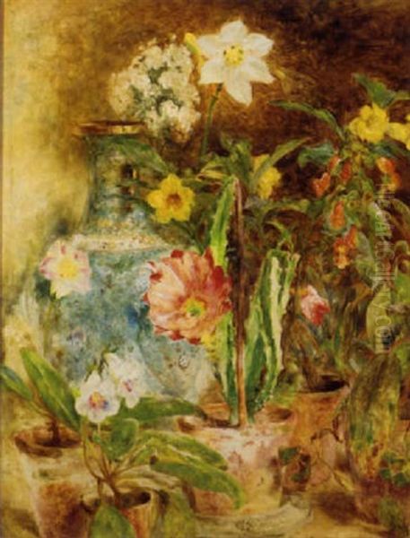 Cactus And Flowers Oil Painting by William Huggins