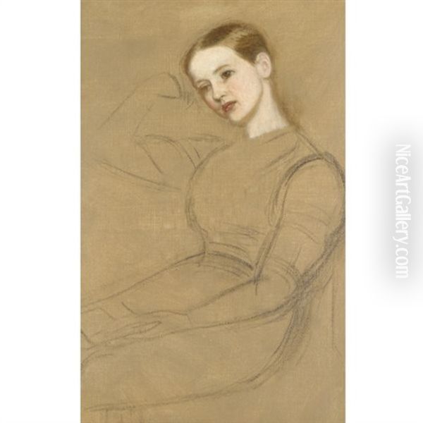 Portrait Of A Girl In Blue (+ A Seated Girl, Lrgr; 2 Works) Oil Painting by Arthur Hughes