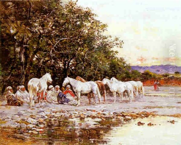 Halte Au Bord De L'oued Oil Painting by Victor Pierre Huguet