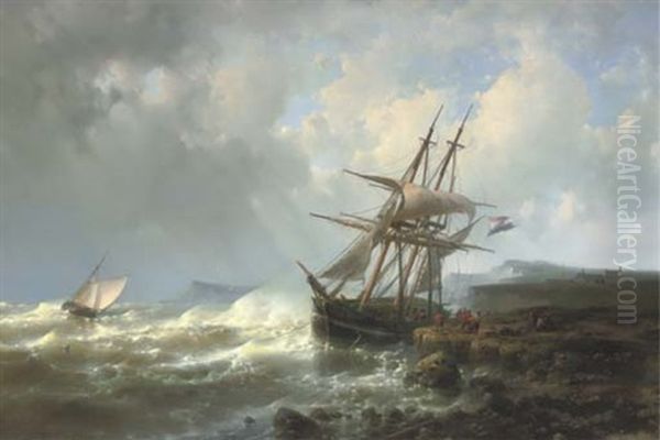 Mooring The Three-master In A Stiff Breeze Oil Painting by Abraham Hulk the Elder