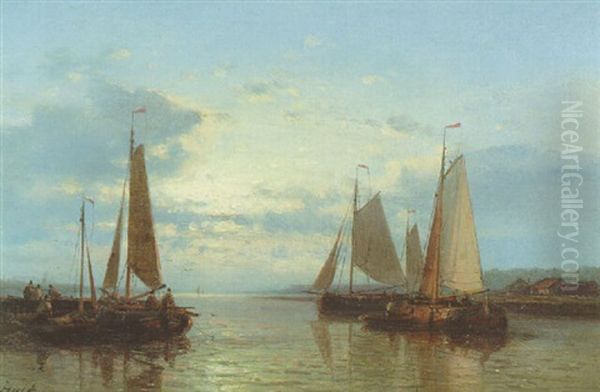 Sailing Vessels In A Calm Estuary Oil Painting by Abraham Hulk the Elder