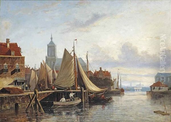 Figures On A Busy Quay, Haarlem Oil Painting by Johannes Frederik Hulk, Snr.