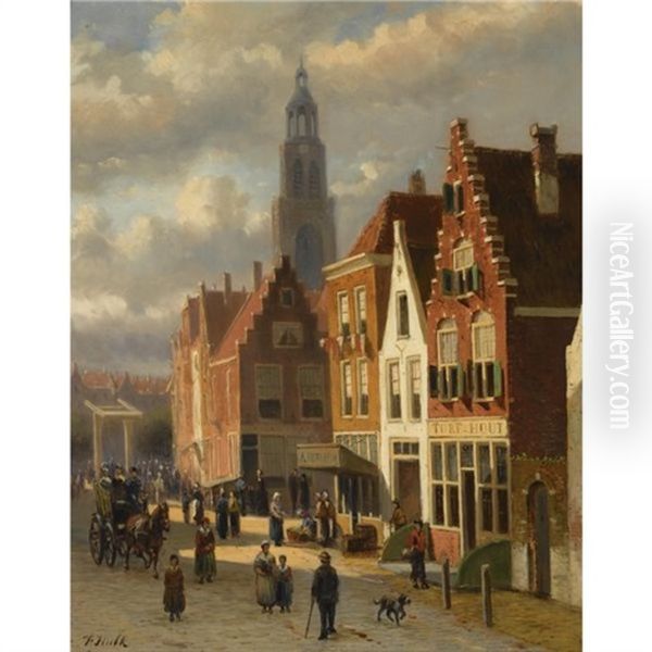 Many Figures In The Streets Of A Dutch Town Oil Painting by Johannes Frederik Hulk the Elder