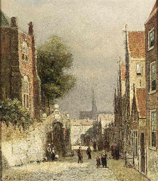 A Street In Haarlem, The St. Bavo Church In The Background Oil Painting by Johannes Frederik Hulk, Snr.