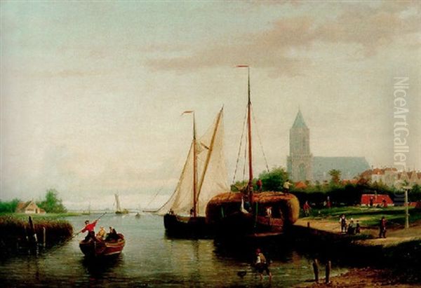 A Moored Haybarge And Other Shipping By A Bleach-field, In The Harbour (of Monninckendam?) Oil Painting by Johannes Frederik Hulk the Elder