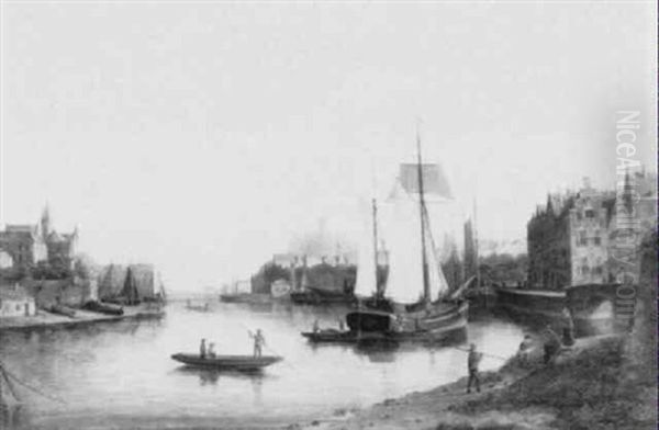 Fishing Boats Along A Canal Oil Painting by Johannes Frederik Hulk, Snr.