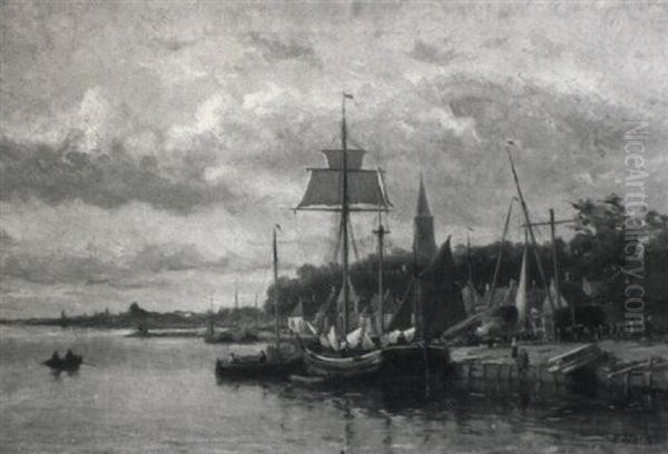 View Of A Town Along A River With A Shipyard And Moored Shipping Oil Painting by Johannes Frederik Hulk the Elder