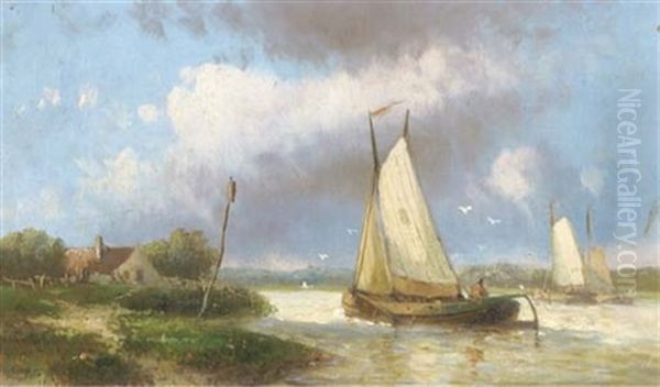 Sailing Along A River Oil Painting by Hendrik Hulk